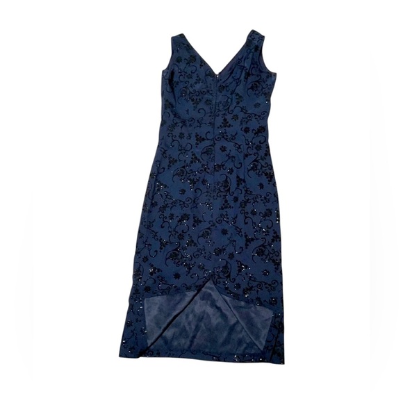 Vintage 90s Y2K Blue satin black velvet Floral midi Dress‎ back slit 3 - Picture 2 of 3